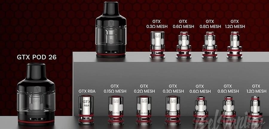 Vaporesso GTX POD 26 та випаровувачів серії GTX із різними опорами (0.15Ω, 0.2Ω, 0.3Ω, 0.6Ω, 0.8Ω, 1.2Ω) і RBA для налаштування