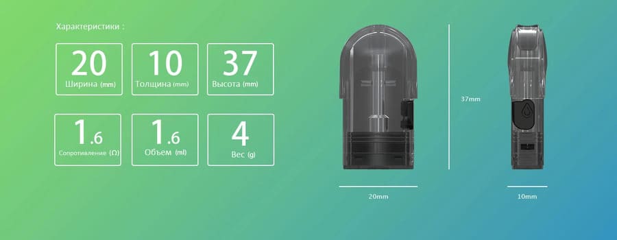 Изображение картриджа Eleaf с техническими характеристиками: ширина 20 мм, толщина 10 мм, высота 37 мм, объём 1.6 мл, сопротивление 1.6Ω, вес 4 г